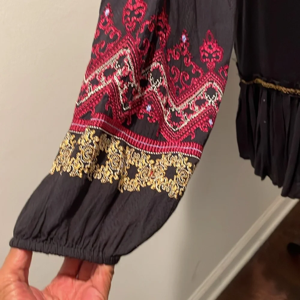 Free People Wild One Peasant Mini Dress SizeS Black Gold Embroidered Drop Waist - Picture 7 of 16
